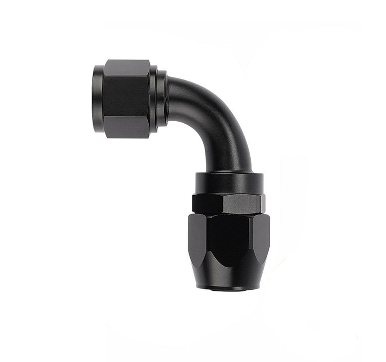 Black 90 degree AN fitting for black nylon fibber braided rubber oil cooler hose and stainless steel wire braided rubber oil cooler hose in vehicles and motorcycles oil coolant system.